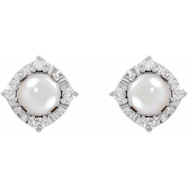 Cultured White Freshwater Pearl & Natural Diamond Halo-Style Birthstone Earrings