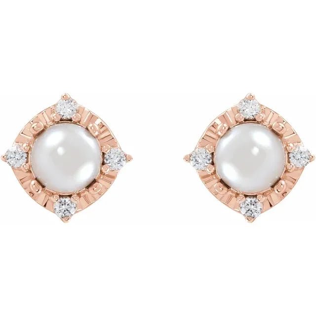 Cultured White Freshwater Pearl & Natural Diamond Halo-Style Birthstone Earrings