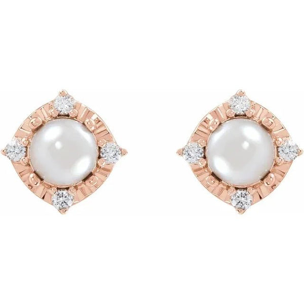 Cultured White Freshwater Pearl & Natural Diamond Halo-Style Birthstone Earrings