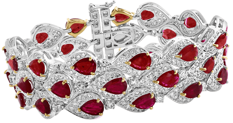 Luxury bracelet in 18K white gold set with pear-shaped rubies and diamonds