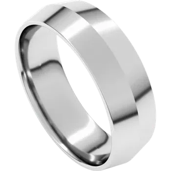 Polished white gold wedding band with a modern flat facet design.