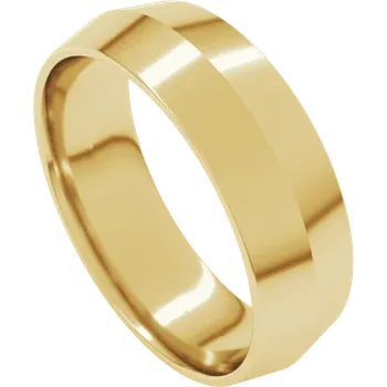 Polished yellow gold wedding band with a modern flat faceted design.
