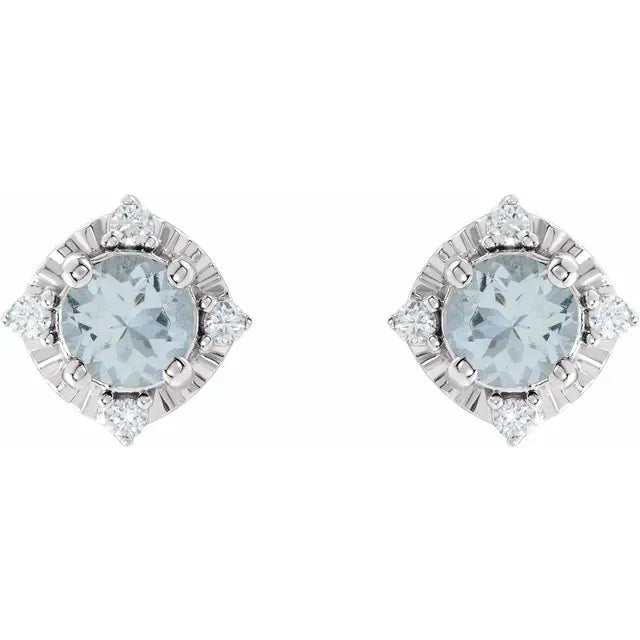 Natural Aquamarine & Natural Diamond Halo-Style Birthstone Earrings
