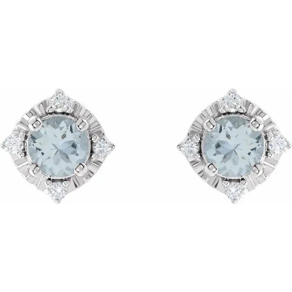 Natural Aquamarine & Natural Diamond Halo-Style Birthstone Earrings