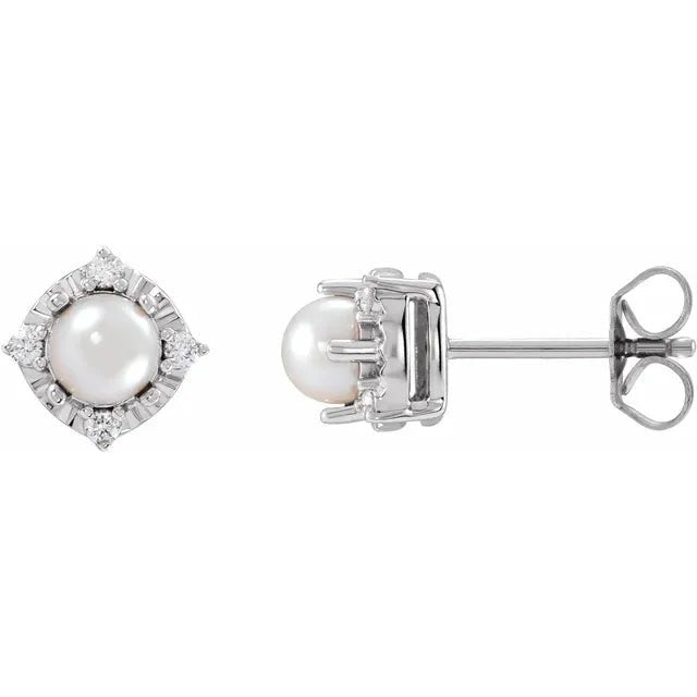 Cultured White Freshwater Pearl & Natural Diamond Halo-Style Birthstone Earrings