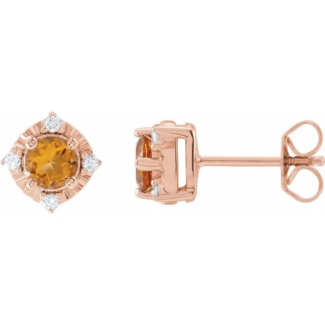 Natural Citrine & Natural Diamond Halo-Style Birthstone Earrings