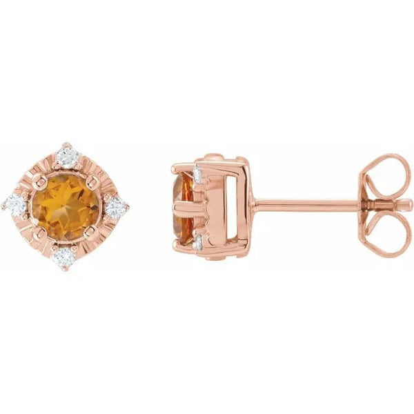 Natural Citrine & Natural Diamond Halo-Style Birthstone Earrings