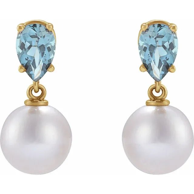 White Akoya Pearl Earrings with Natural Pear Aquamarine