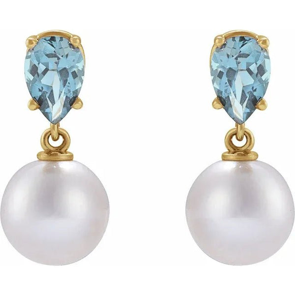 White Akoya Pearl Earrings with Natural Pear Aquamarine