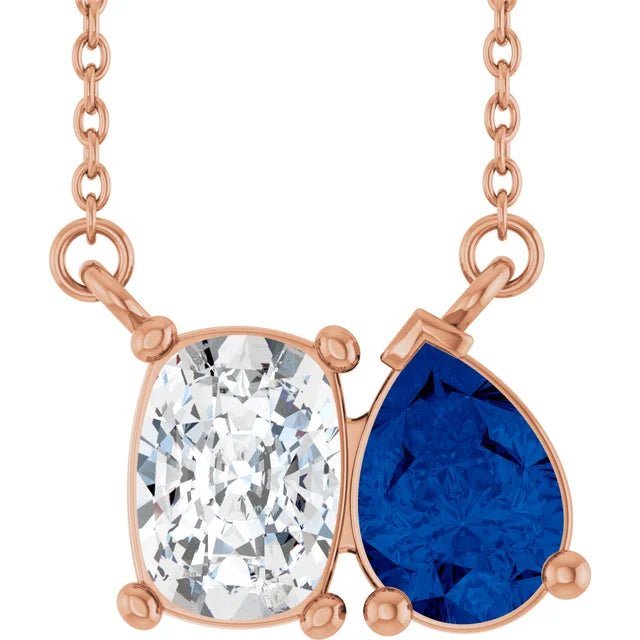 Elongated Cushion Diamond & Pear Blue Sapphire Necklace