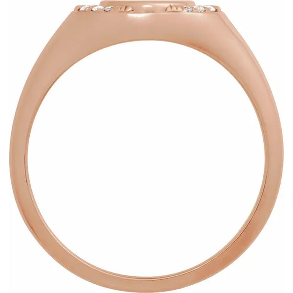 Rose gold ring band featuring small inlaid diamonds.