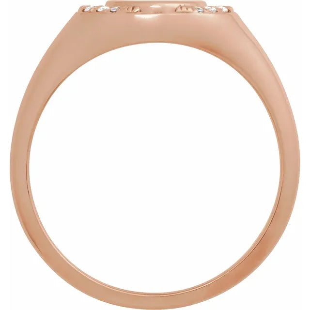 Rose gold ring band featuring small inlaid diamonds.