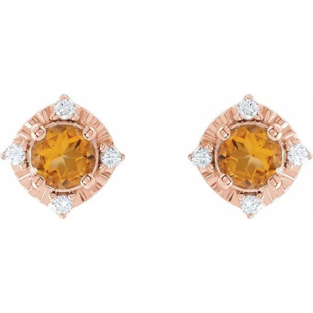 Natural Citrine & Natural Diamond Halo-Style Birthstone Earrings