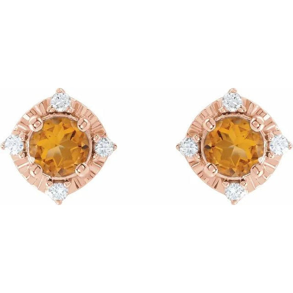 Natural Citrine & Natural Diamond Halo-Style Birthstone Earrings